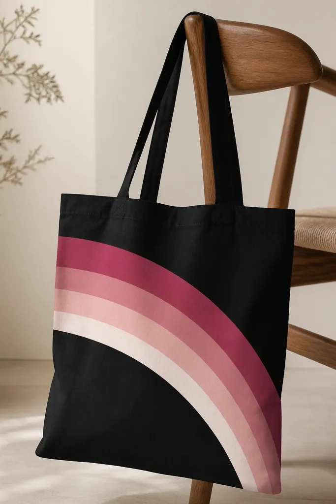 A black tote has a sweeping arc across the front. Instead of bright full-spectrum rainbow colors, it uses layered warm pinks, dusty rose, and creamy off-white bands with crisp edges.