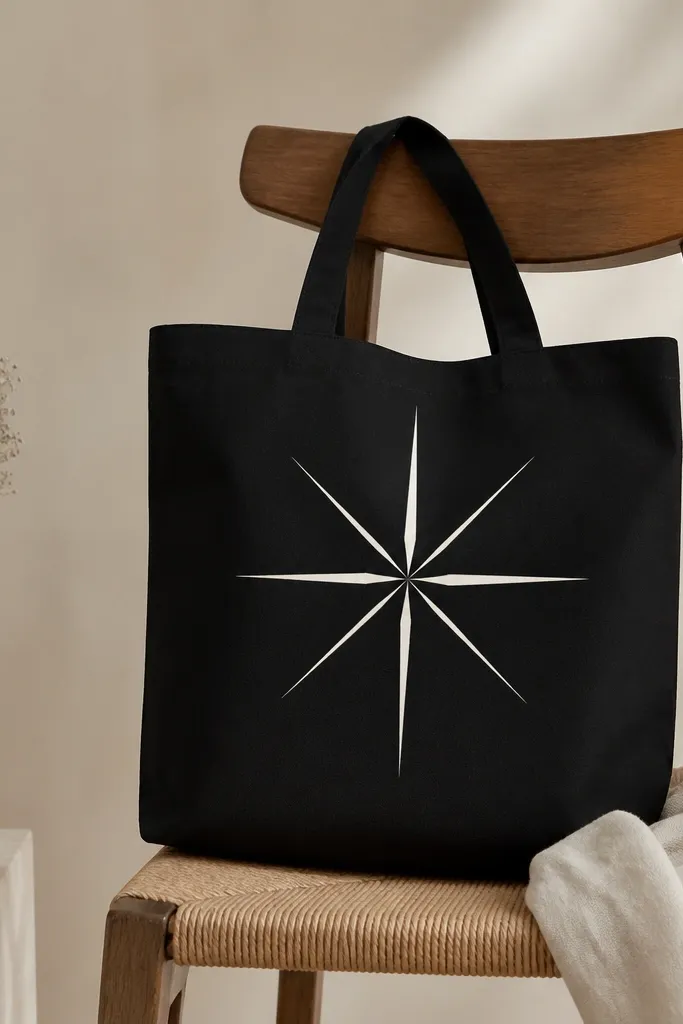 A black tote shows an 8-point starburst centered on the front. Each point is created by off-white triangular lines, with a few lines thicker than others for emphasis.