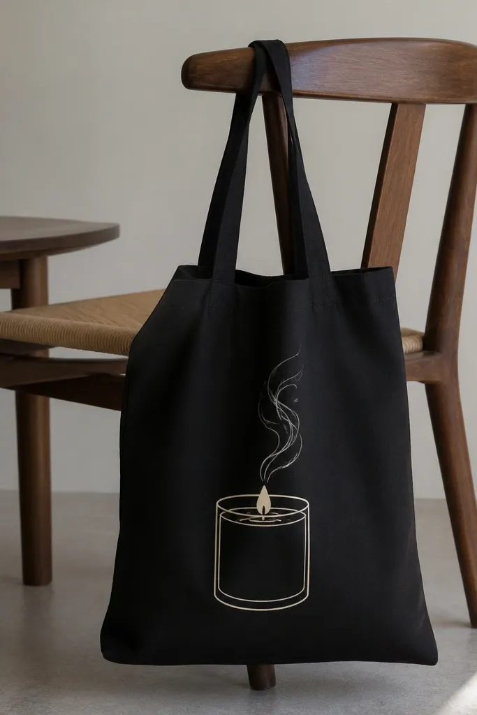 A black tote has a simple candle jar drawn in ivory. The flame is small and yellowish-white, and wavy smoke lines rise above it in ivory with a few faded gray strokes.