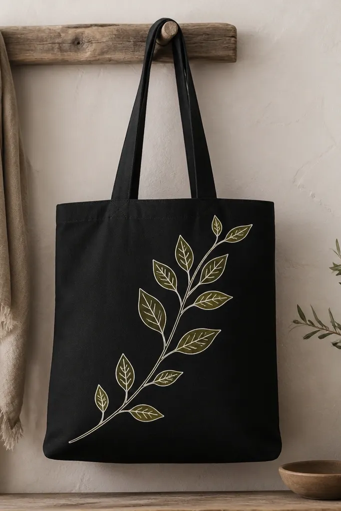 A black tote shows a single branch sweeping upward, drawn in off-white. Leaves are outlined in off-white and filled with olive green in small patches, with tiny vein lines.
