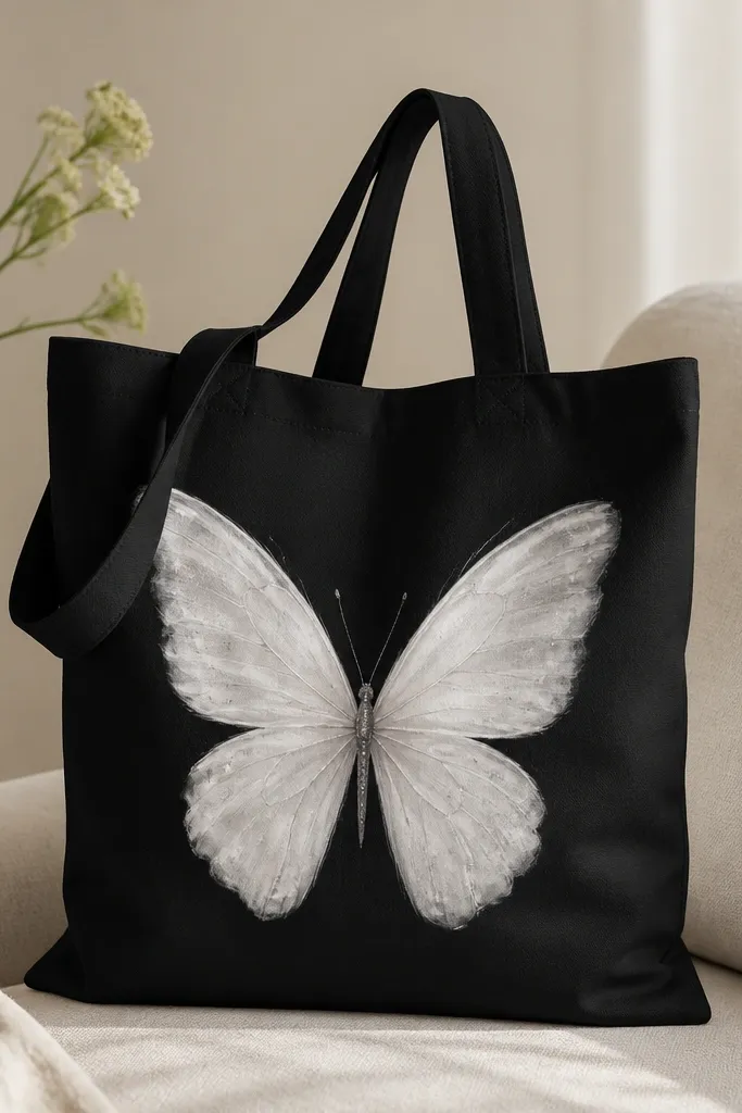 A black tote features a large butterfly centered on the front. The wings are painted in white with faint gray shading, and tiny crystal-like specks scatter across the wings. The body is a thin gray line.