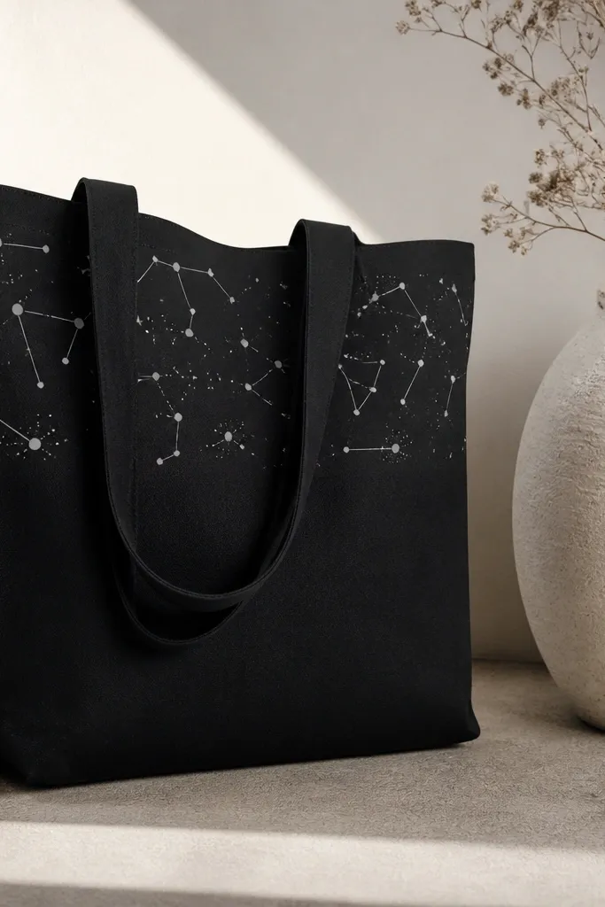 A black tote has a constellation map style design: thin white lines connect small silver and white dots scattered across the top half. A few tiny star clusters sit near the handles.