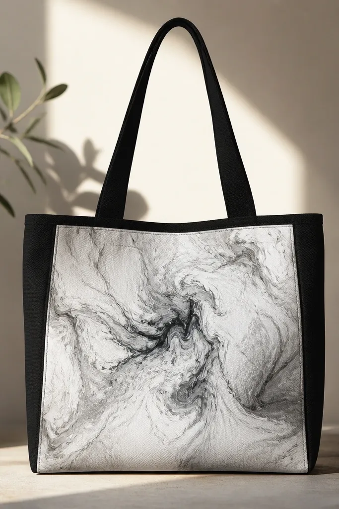 A black tote front shows a marbled panel: swirling white acrylic patterns with soft gray veins, like ink spreading on water. The edges are feathered, and the center has a few darker gray swirls.