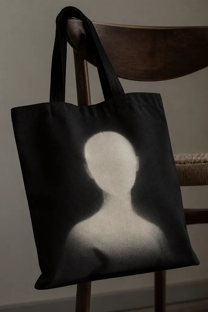 A black tote shows a head-and-shoulders silhouette in off-white, with a soft feathered edge blending into the black fabric. The face has no details, just a smooth shape with a slight highlight at the neckline.