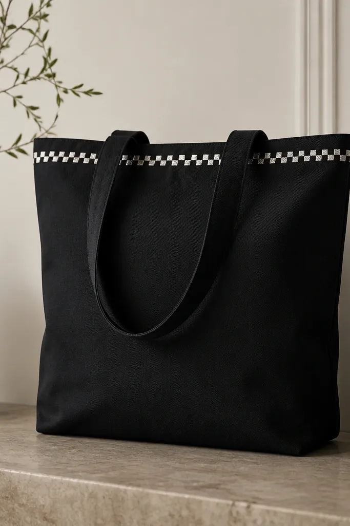 A black tote has a thin checkerboard border running along the top edge of the front panel. It uses alternating small squares in white and light gray, with the center staying plain black.
