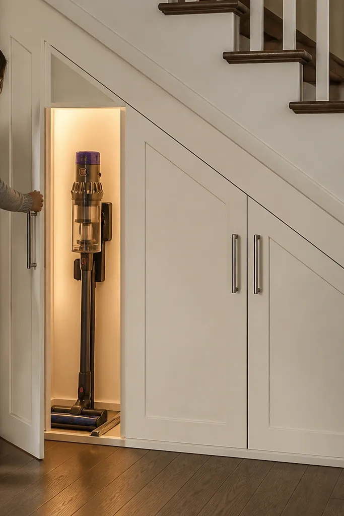 White shaker doors with a pull-out vacuum tray under stairs