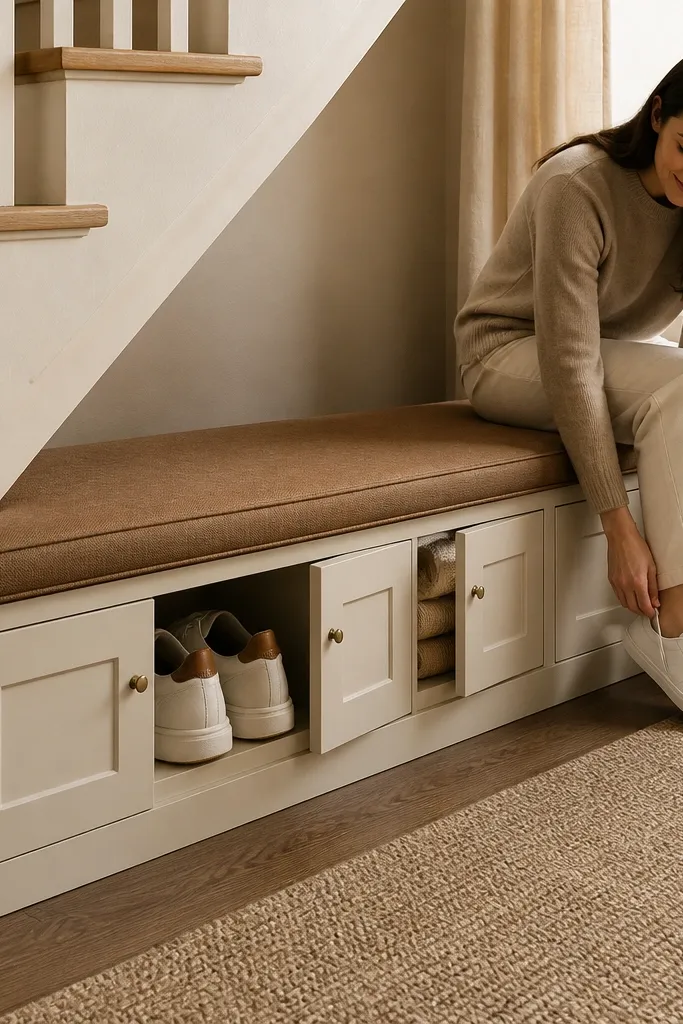 Under stairs bench with cubby doors and a light cushion on top