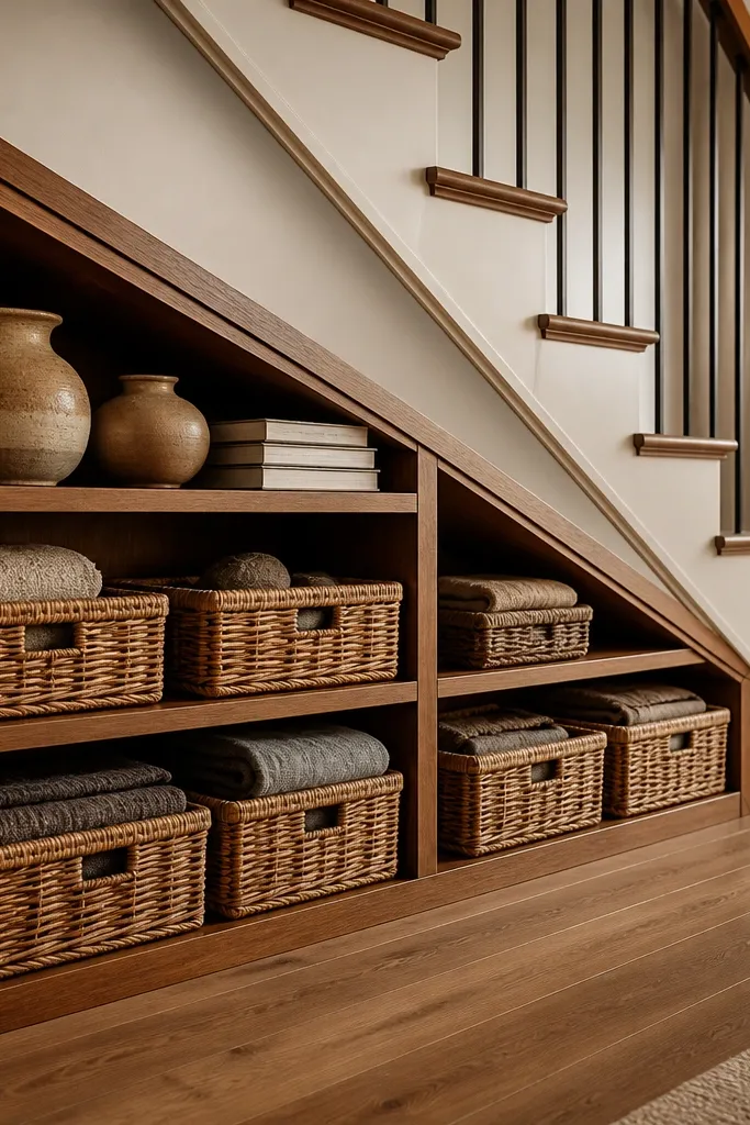 Framed open shelves under stairs with woven baskets in matching tones