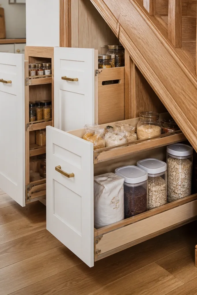 Under stairs pull-out drawers with labels and tidy wood fronts