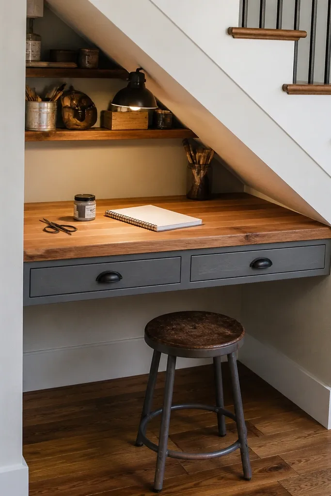 Small under stairs desk with a light wood top and drawers underneath
