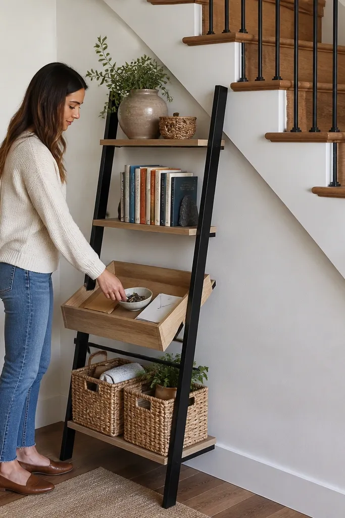Under stairs ladder shelf with books and a small drop tray at the front