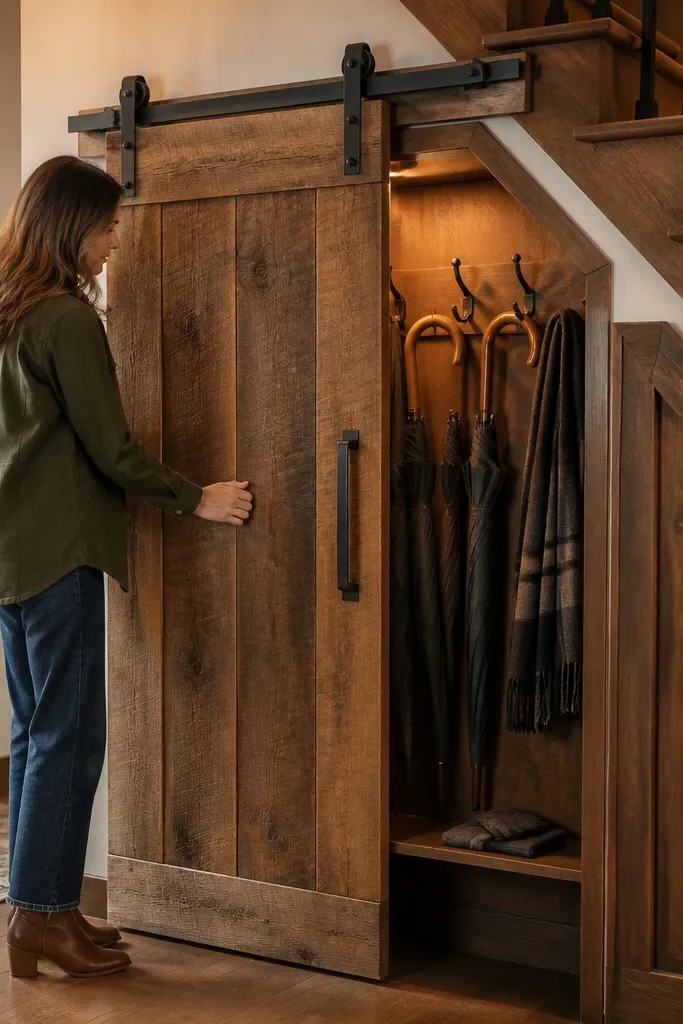 Under stairs cabinet with a barn-style sliding door and hooks inside