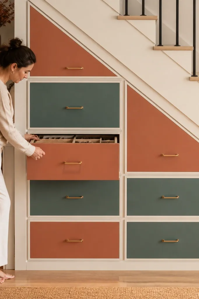 Under stairs drawer storage with two-tone drawer fronts and matching frame