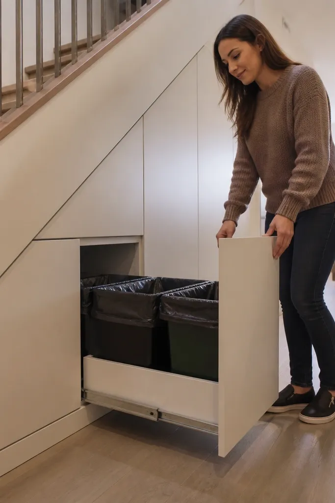 Under stairs pull-out trash bins with a tidy toe-kick front panel