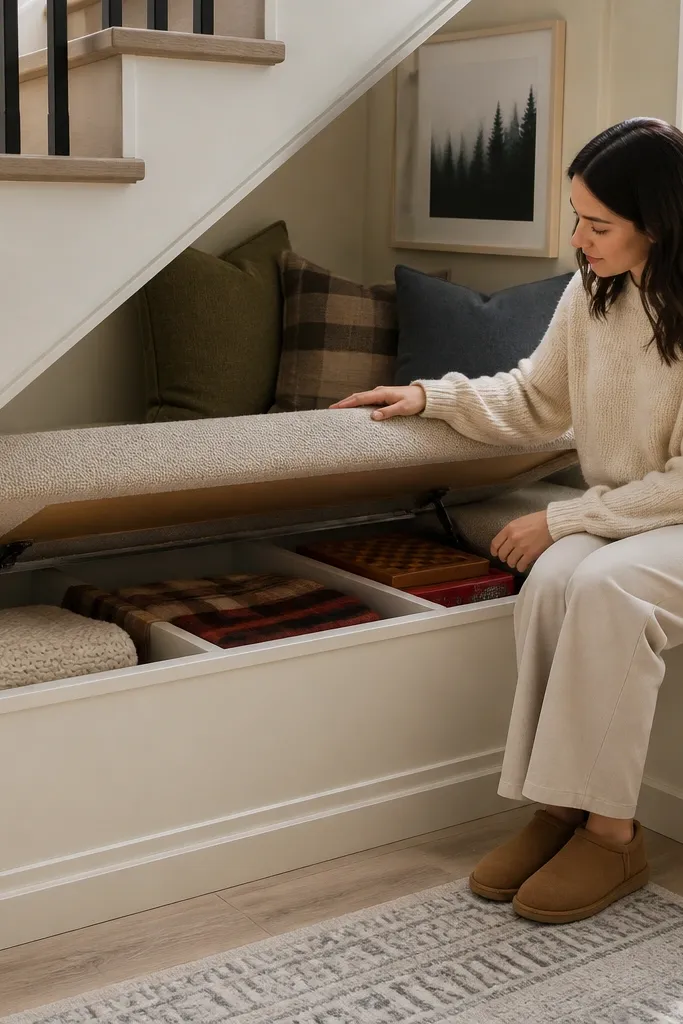 Under stairs window-seat style storage with a hinged lid and bins inside
