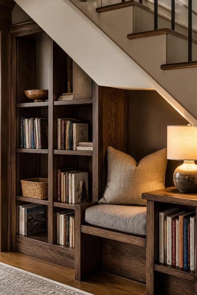Stained wood cubbies under stairs with a small reading shelf