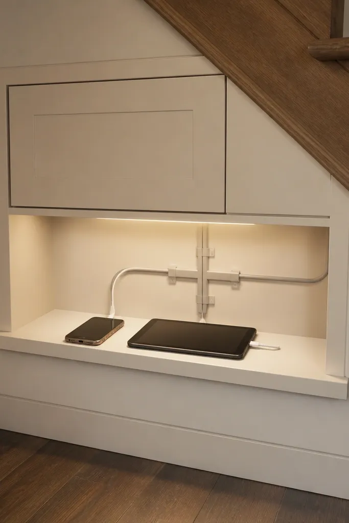 Under stairs charging station with closed front and cable channels