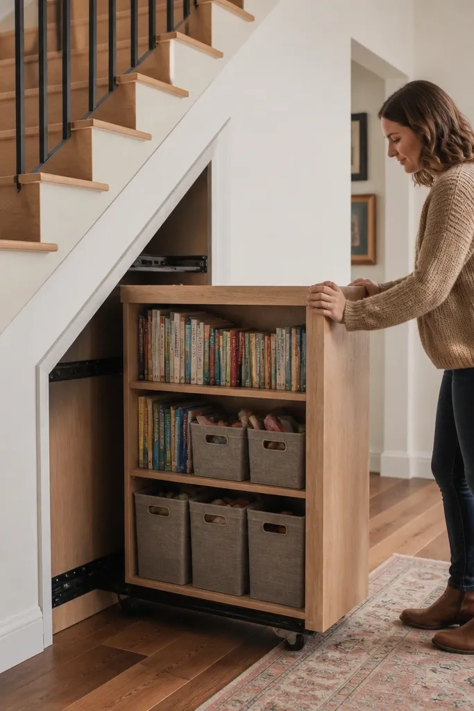 Under stairs rails with a rolling cart holding books and baskets