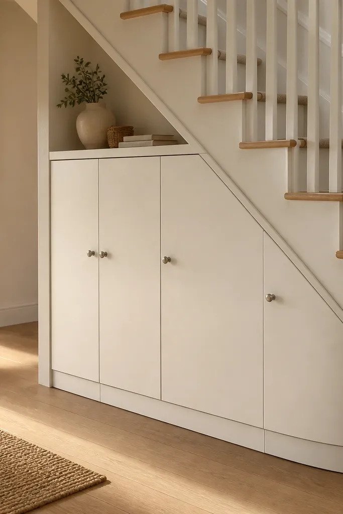 Under stairs cabinet with a rounded toe-kick and smooth painted doors