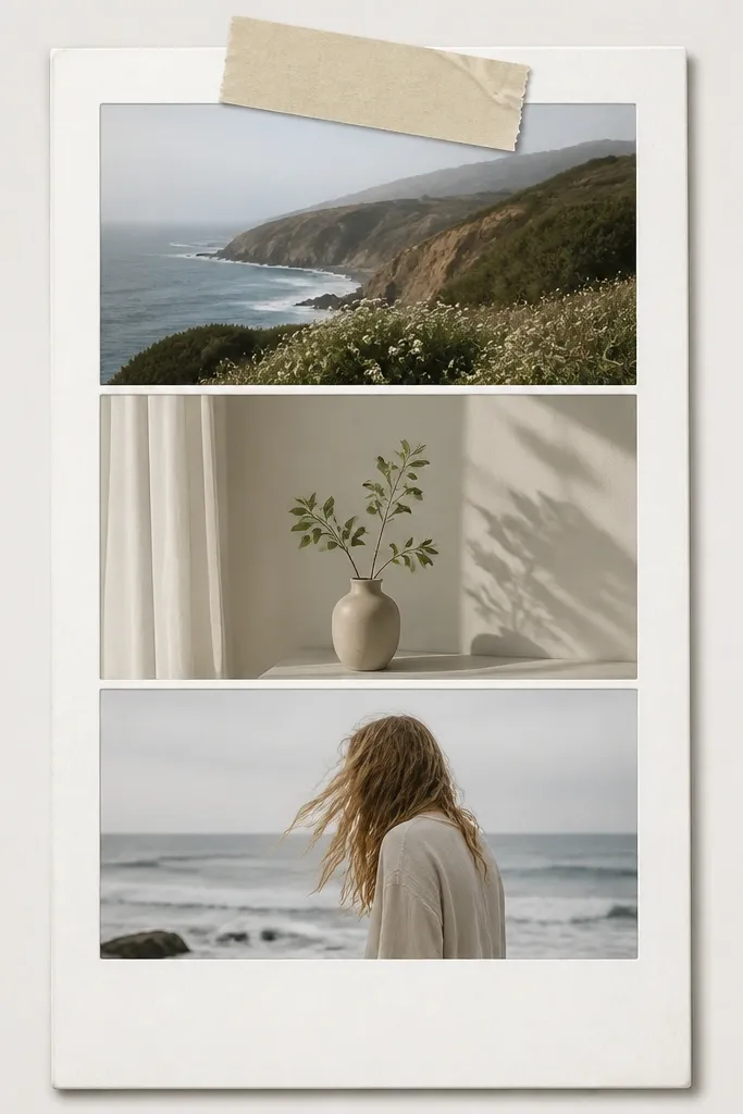 A polaroid-style instagram frame showing three stacked photo rectangles. The top one has a slightly crooked strip of masking tape across it with tiny scuffs and a soft shadow.