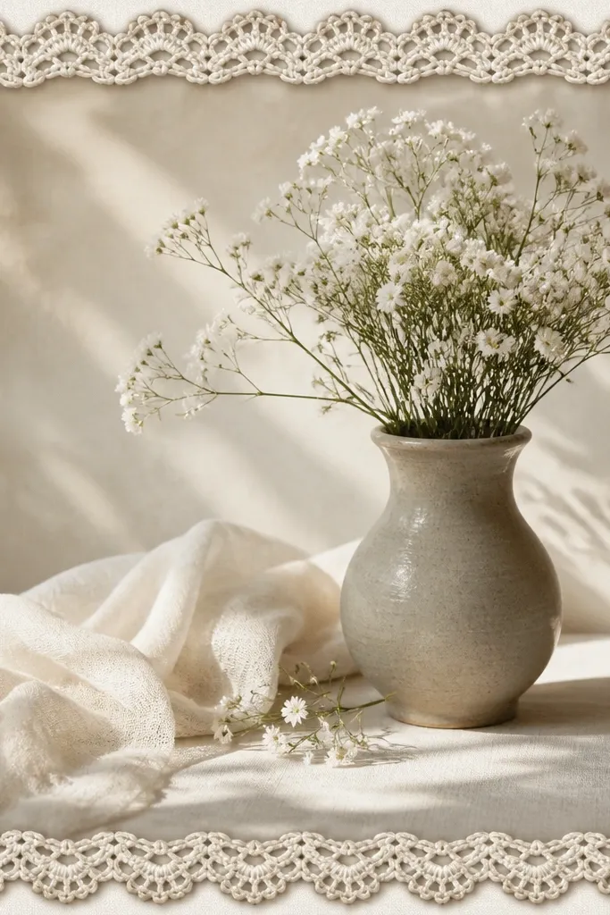 A lace-like border around the frame. The pattern looks like crochet loops in off-white, with slight shadowing to mimic raised thread.