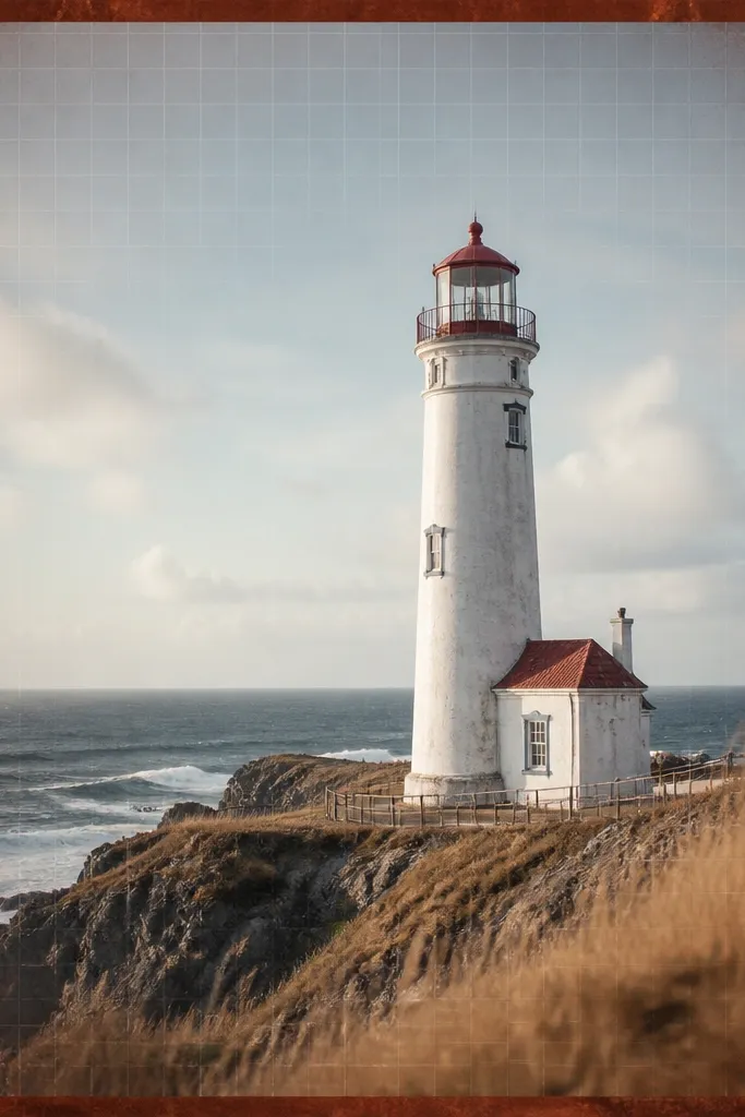 A rusty red outer border with thin blueprint-like grid lines inside. The grid fades as it approaches the photo edges.