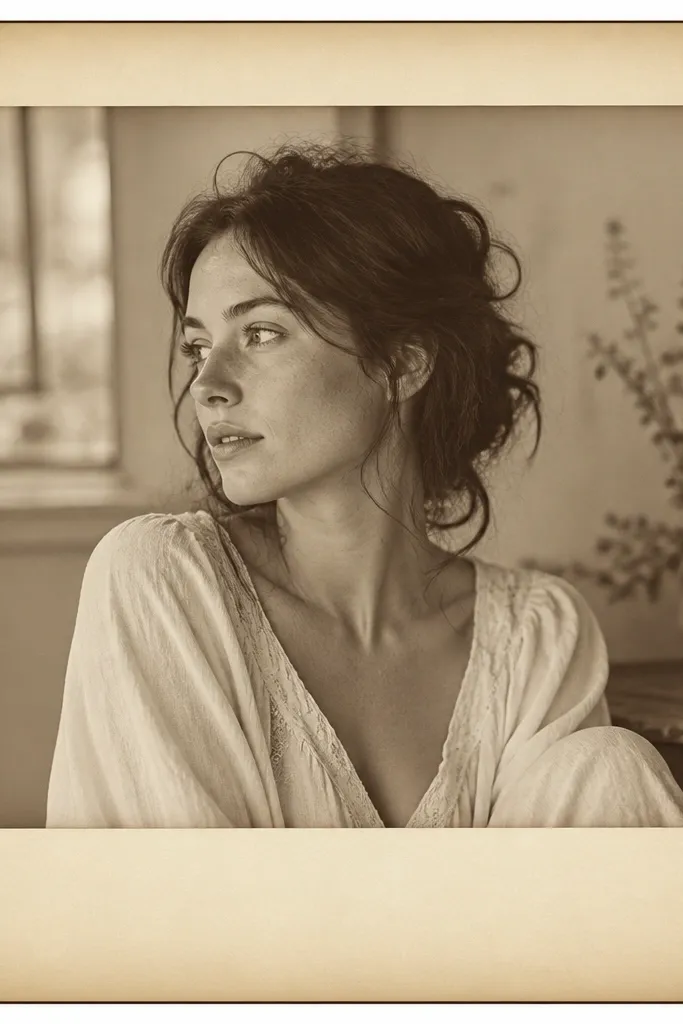 A sepia-toned frame with a polaroid window. The photo area has rounded corners, and the outer border has a soft gradient fade and a thin dark outline.