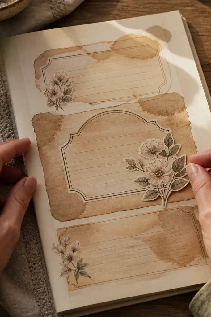 Small tea-stained labels with handwritten text in brown ink