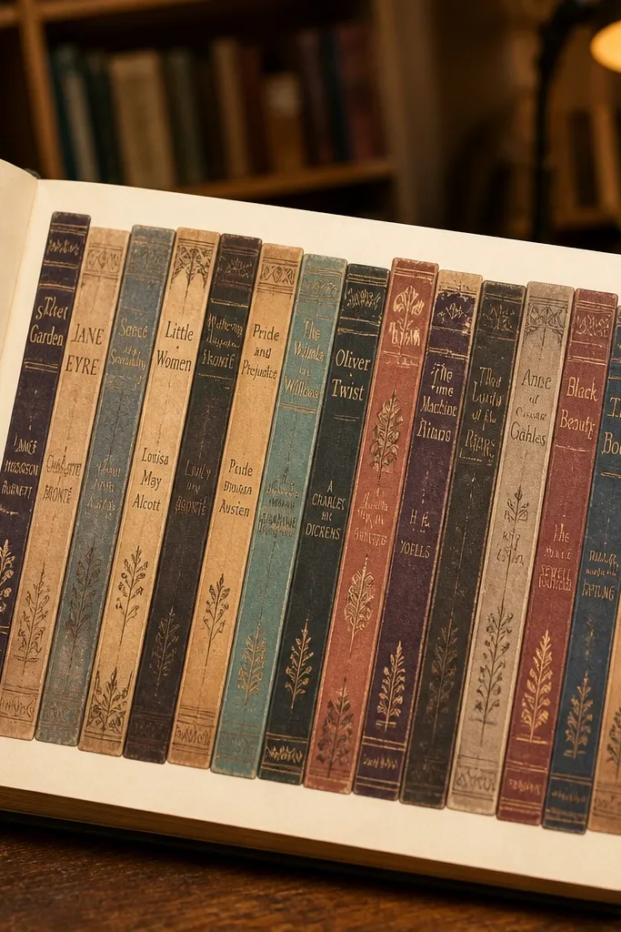 Narrow sticker strips shaped like old book spines with muted lettering