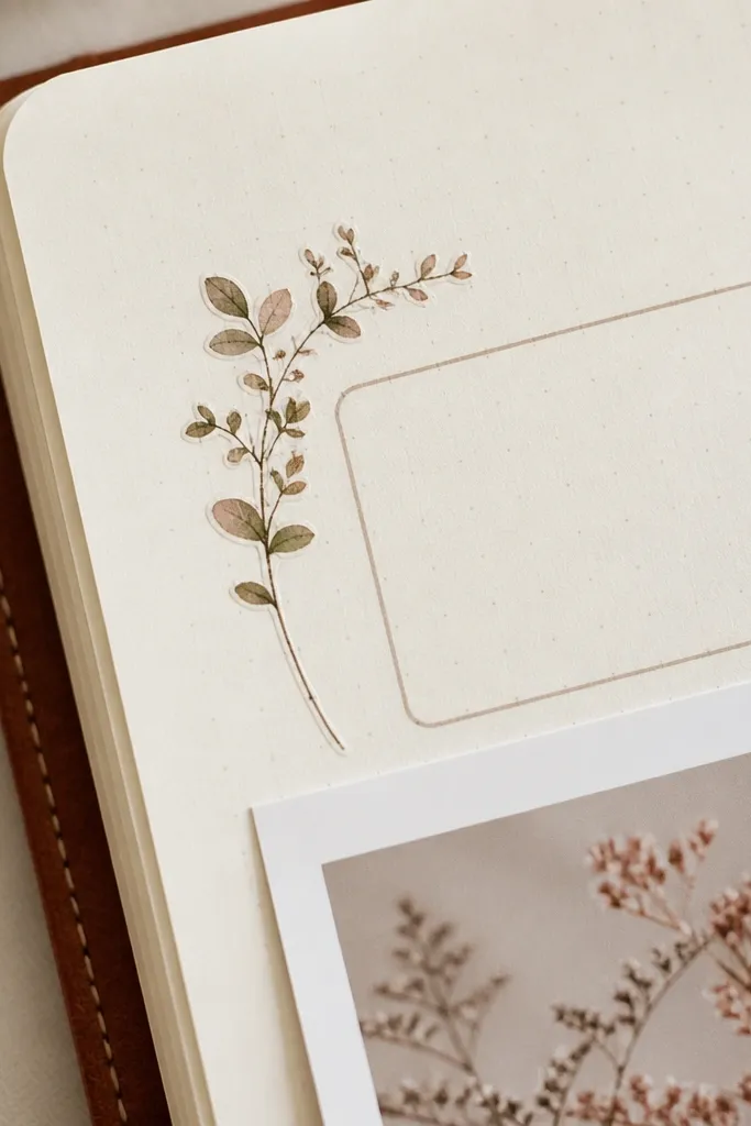 A faded botanical sprig sticker in muted green and brown on a cream page