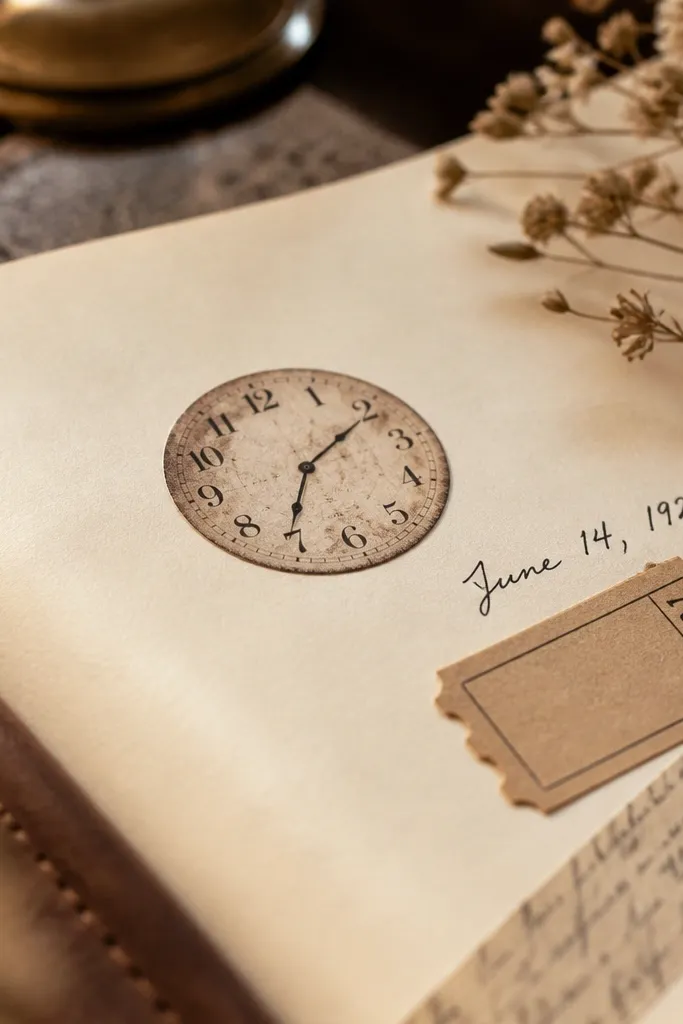 Small vintage clock face sticker with faded numbers and brown ink