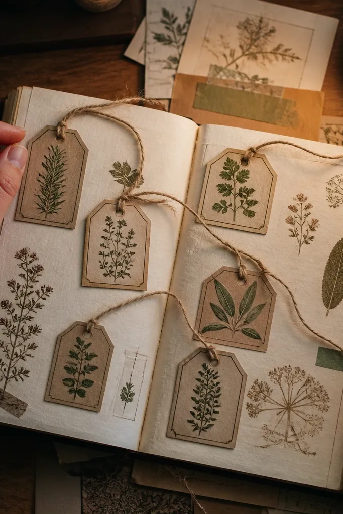 Mini tag stickers with botanical drawings and faded twine-like lines