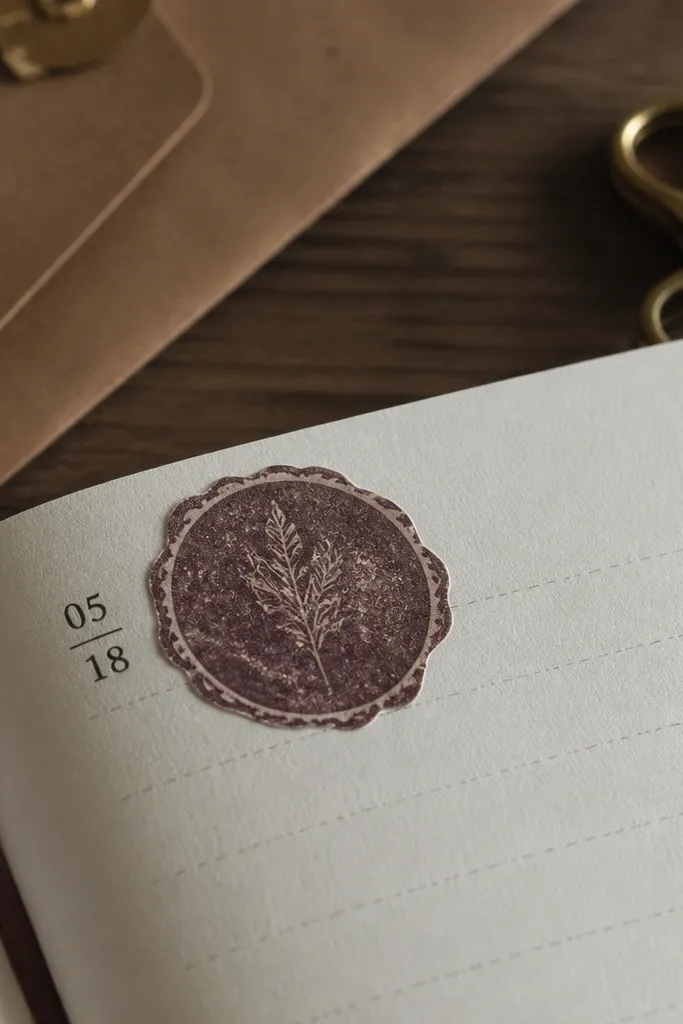 Round envelope seal sticker with worn ink and wax-like texture