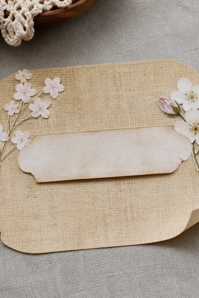 Rectangular sticker label with linen-like texture in warm beige
