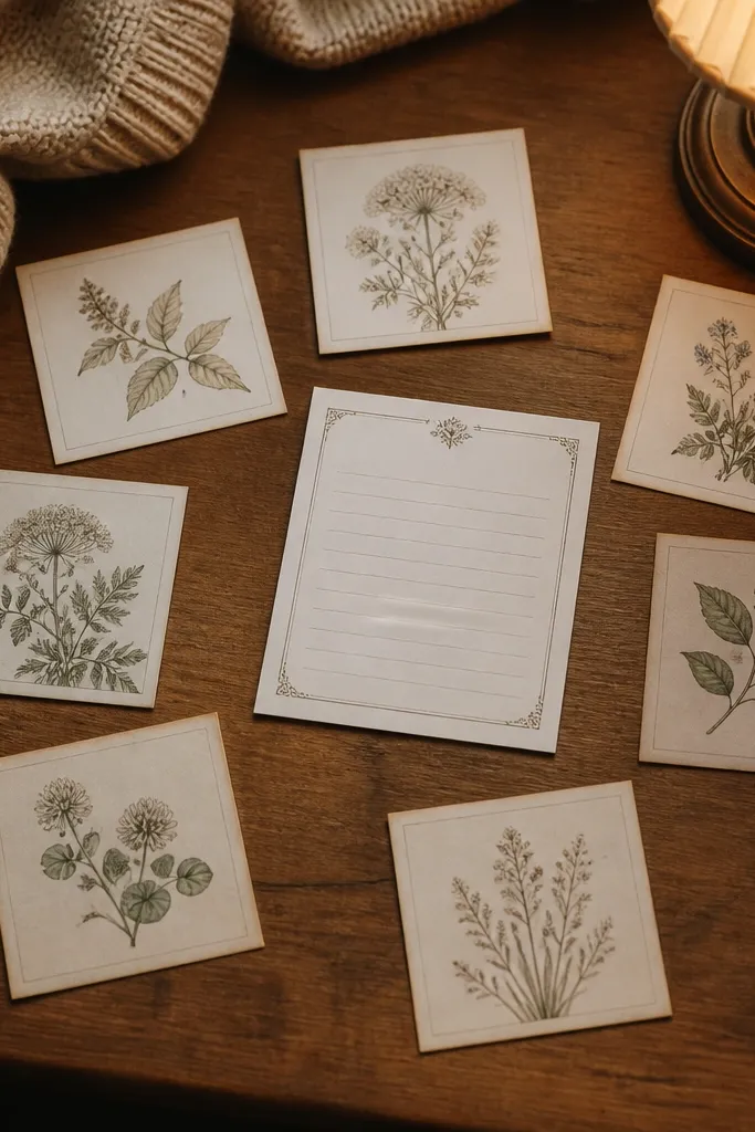Small square botanical illustration stickers with faded line art