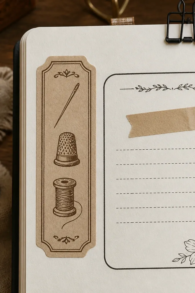 Small sewing notions tag sticker with needles, thread, and muted ink