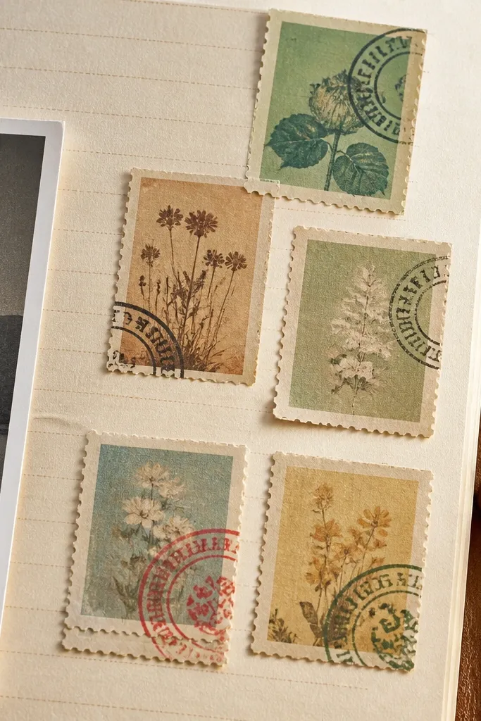 Small stamp stickers with worn cancellation marks in brown and black