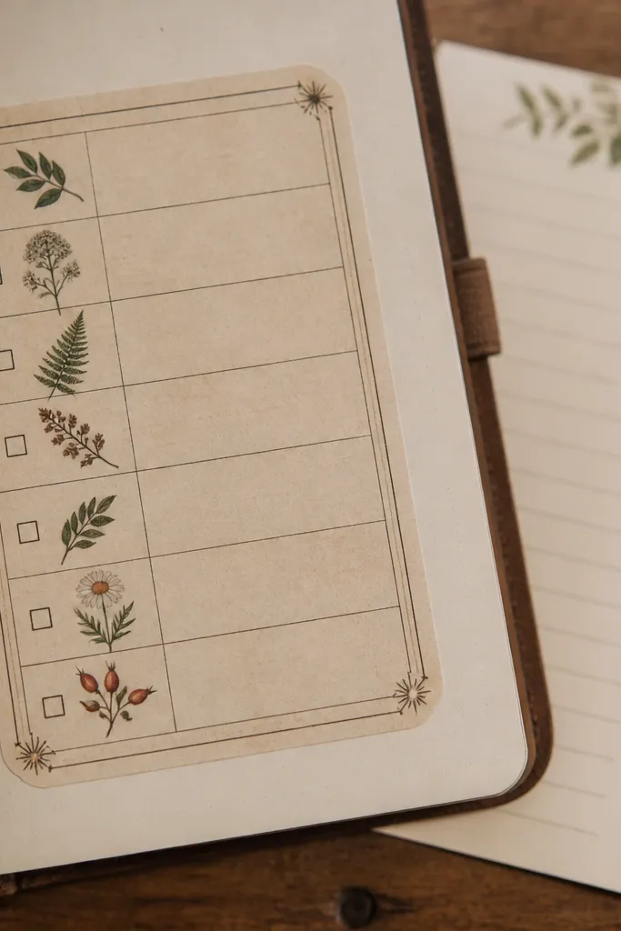 Checklist sticker with botanical icons and faded lines