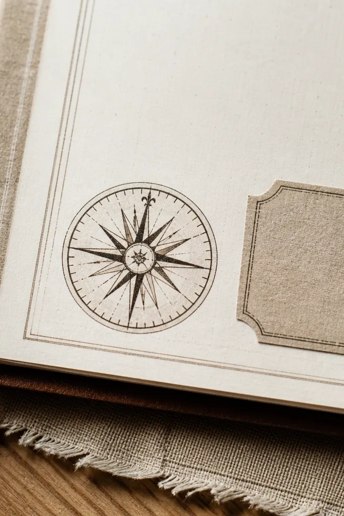 Tiny compass rose sticker in muted ink with worn edges