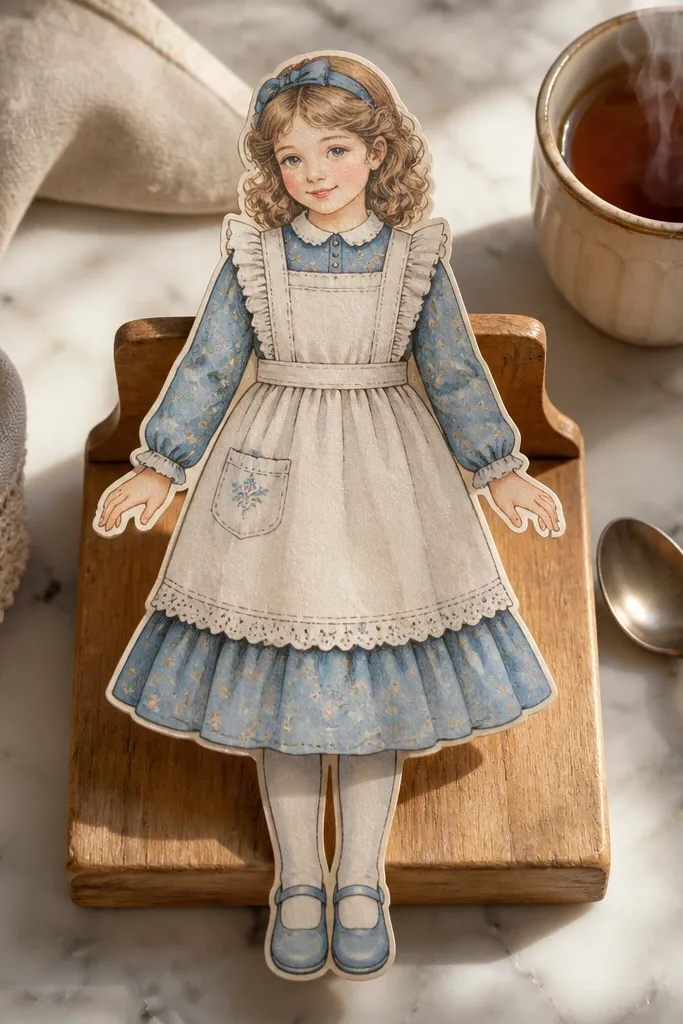 Paper doll in a warm tea dress with a separate apron layer