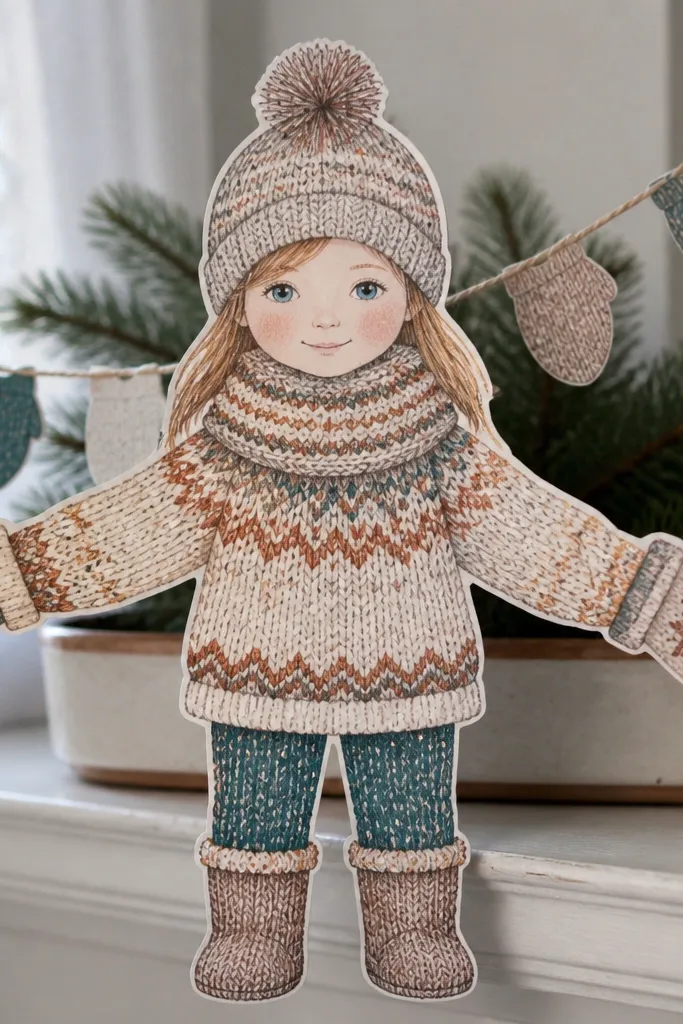 Paper doll wearing a knit sweater with separate mitten cutouts