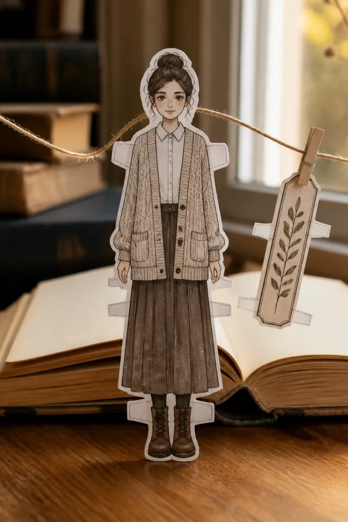 Paper doll in a cardigan holding a bookmark accessory