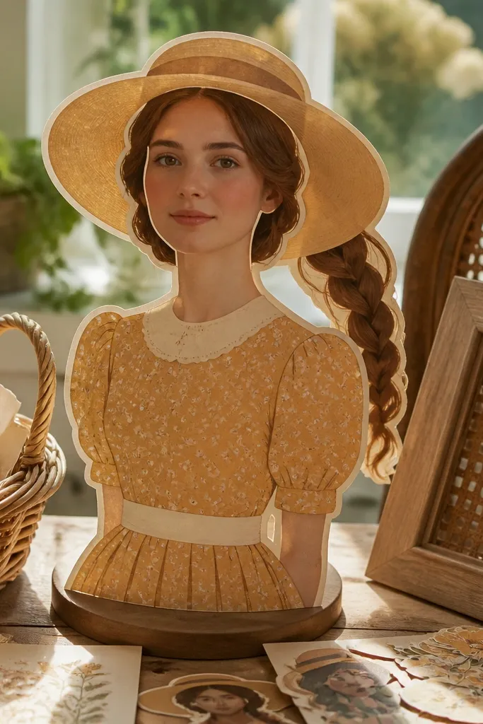 Paper doll with a wide hat and a separate braided hair piece