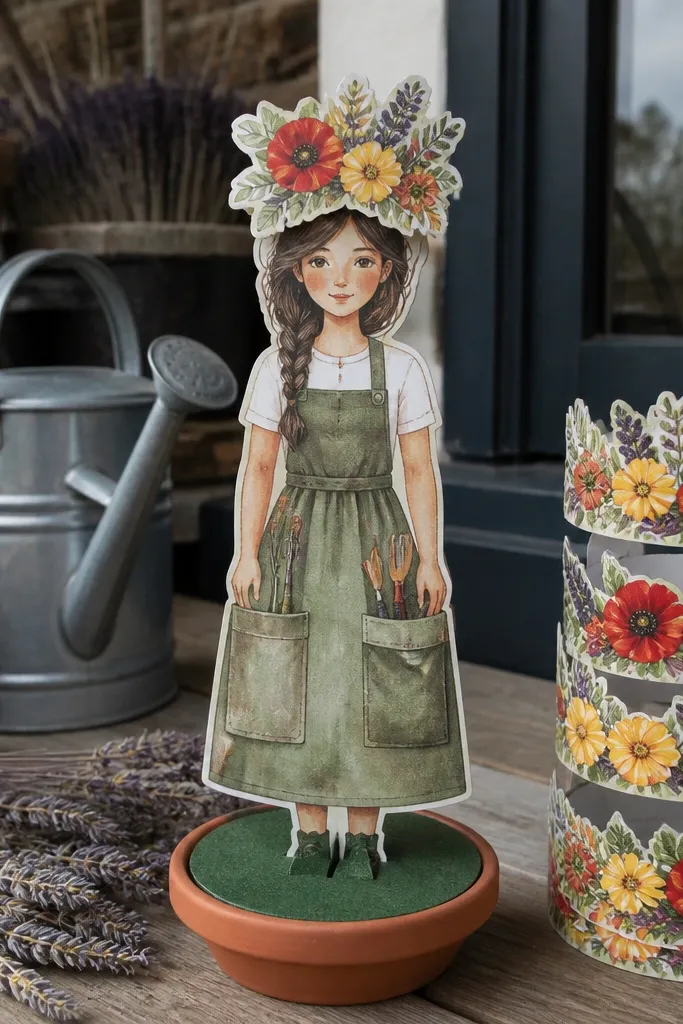 Paper doll wearing a garden apron with a flower crown layer