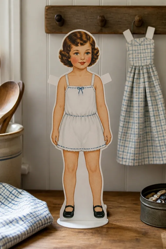 Paper doll in a kitchen outfit holding a hanging towel piece