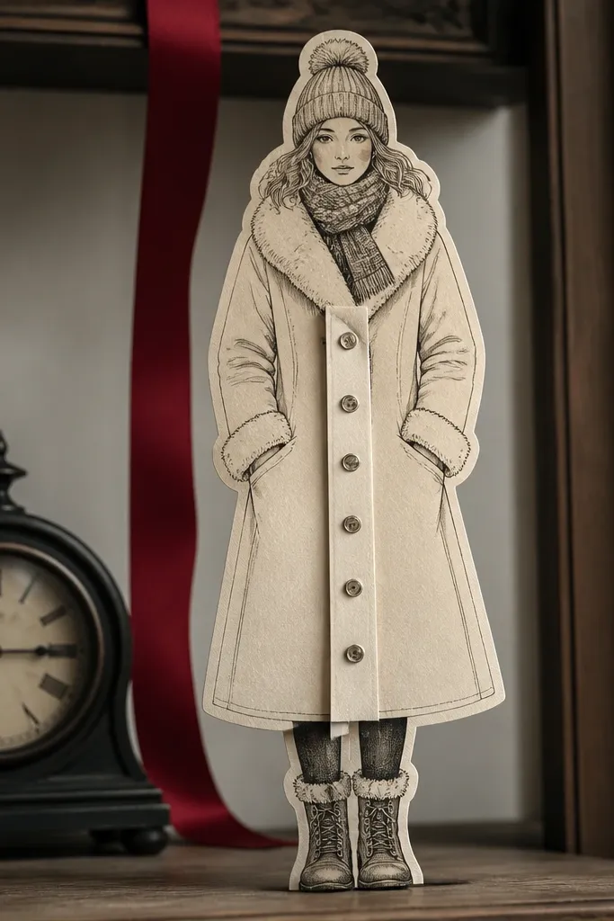 Paper doll in a winter coat with a separate button strip