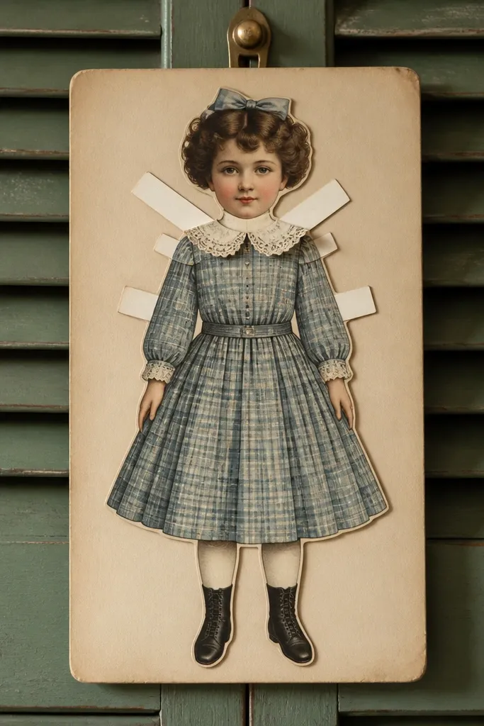 Paper doll in an old-time dress with collar tabs