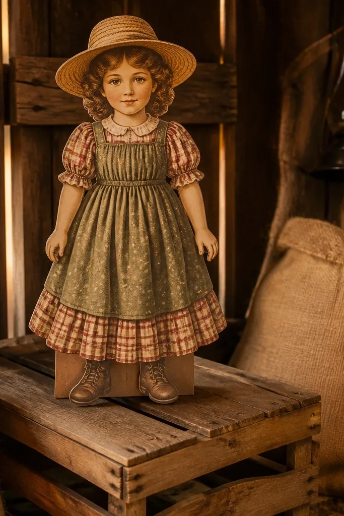 Paper doll in farm clothes with a separate straw hat