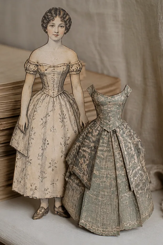 Paper doll with an antique dress and a separate patterned bodice overlay