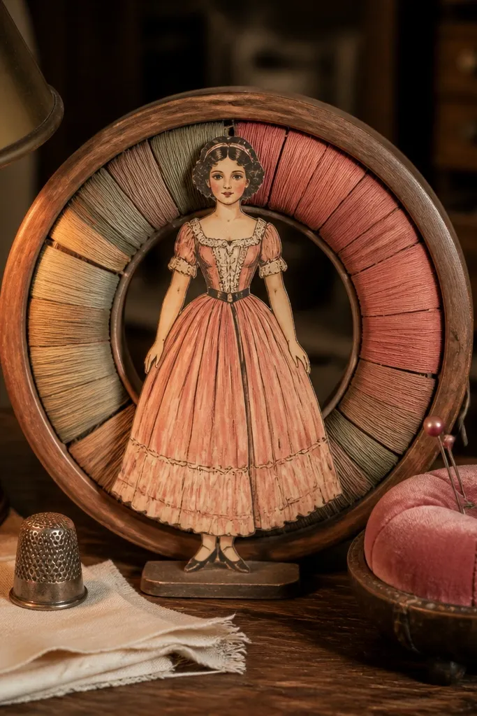 Paper doll holding a sewing spool with a separate thread reel piece